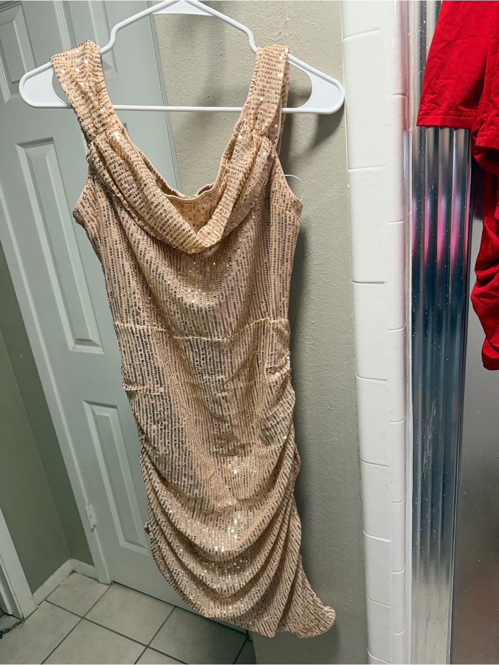 SHEIN Champagne Sequin Cowl Neck Mini Dress